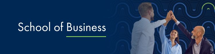 School of Business banner featuring diverse individuals celebrating with a high-five.